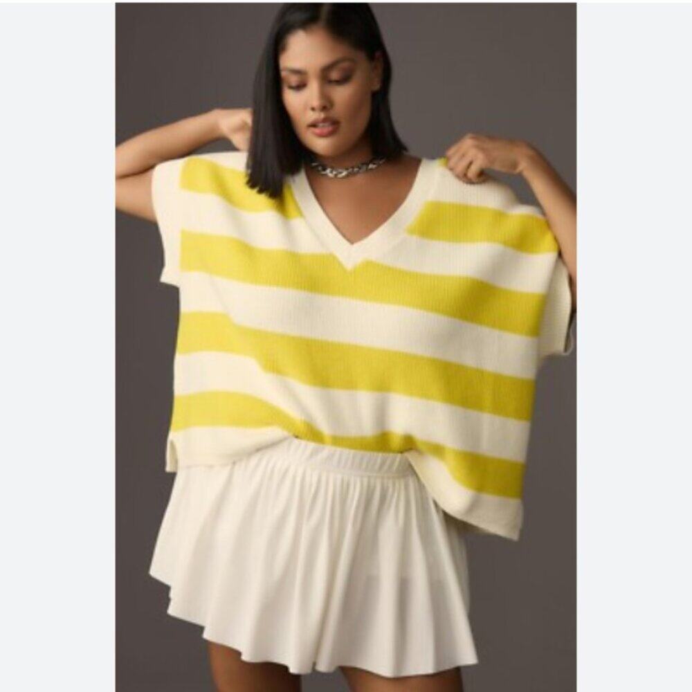 Anthropologie Yellow and Cream Striped V-Neck Sweater